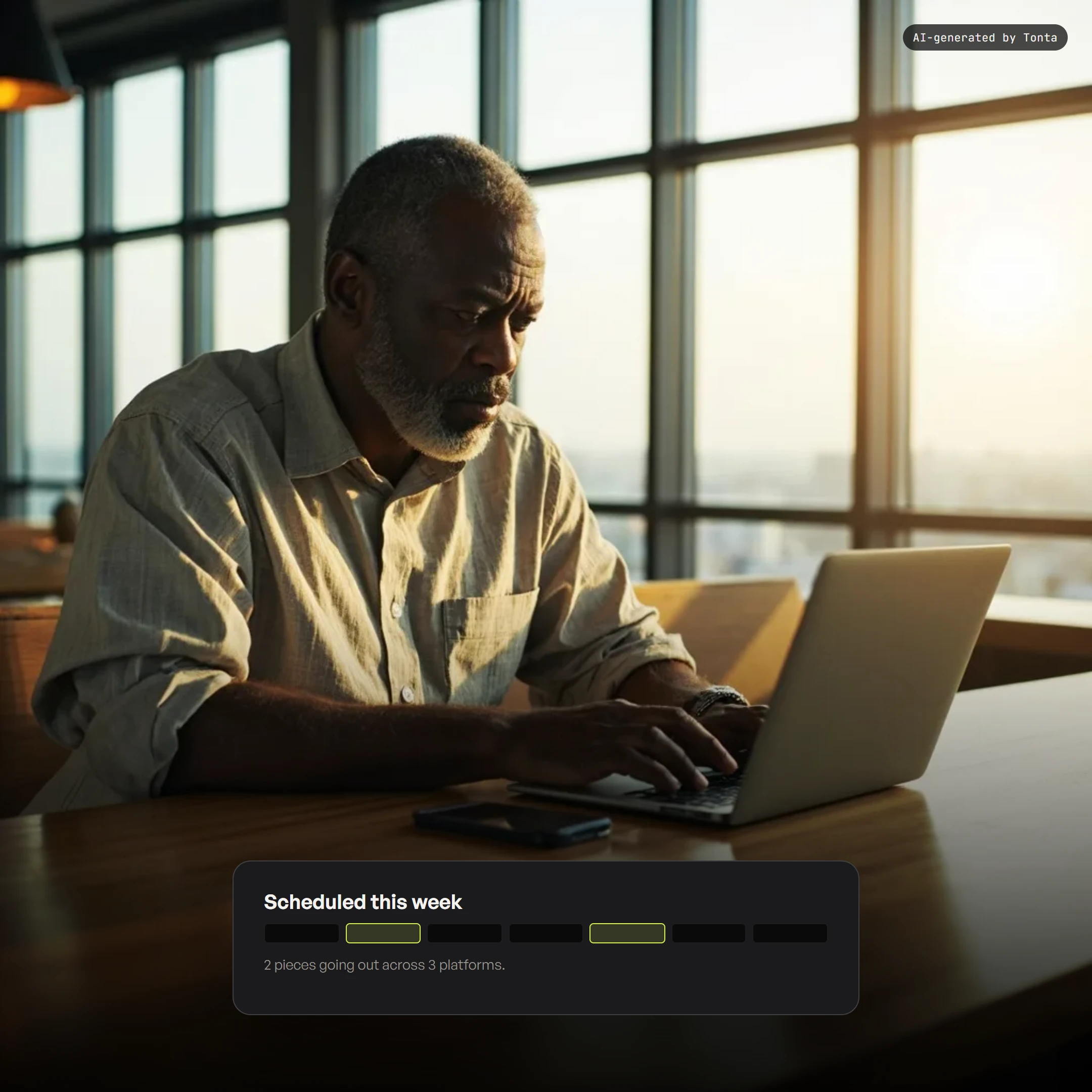A fictional creator glancing between a laptop and a phone at a sunlit co-working bench.