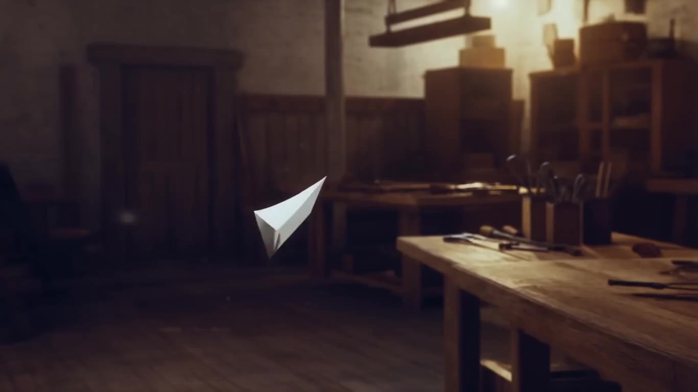 A paper airplane gliding through a softly lit workshop, demonstrating naturalistic motion.