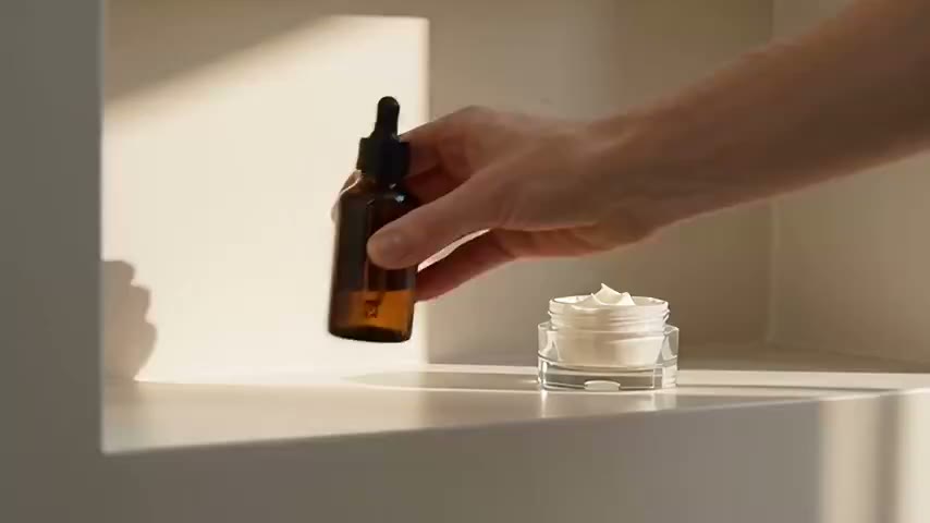 Seedance 2.5 reference-to-video: two unlabeled skincare products from separate reference stills, arranged together in a new scene, holding both products consistent across references.