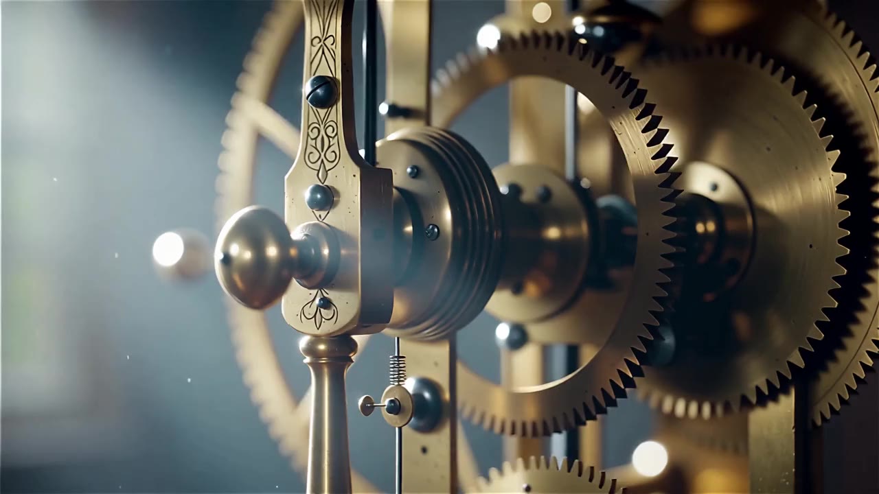 An old brass clock mechanism turning in extreme macro, demonstrating intricate detail.